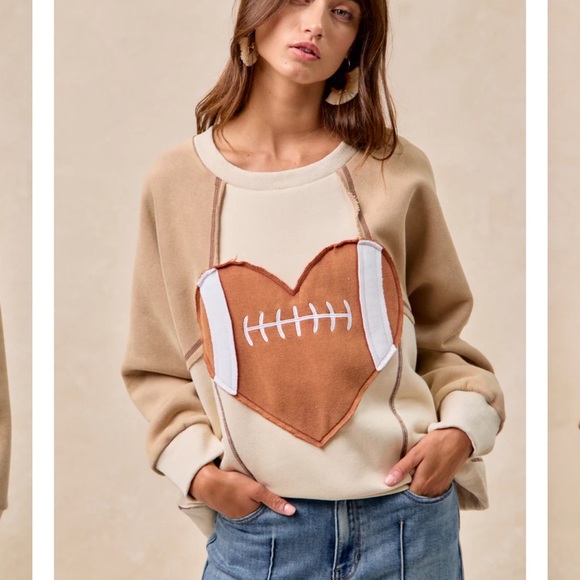 B565–BiBi Beige Heart Football Sweatshirt - Picture 5 of 6